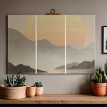 Japandi Solnedgång Berg Triptych Väggkonst Canvas