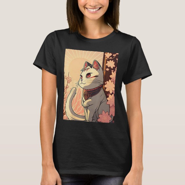 Japanese Aesthetic Cute cat japan Sakura Cherry Bl T Shirt (Framsida)