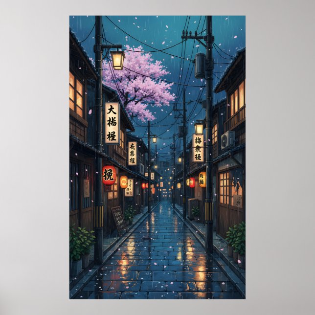 Japanese Alley Rain Night Cozy Anime Blossom urban Poster (Framsidan)