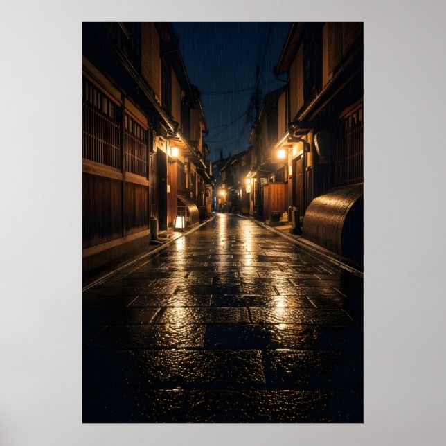 Japanese Alley Rain Night Photography Kyoto Street Poster (Framsidan)