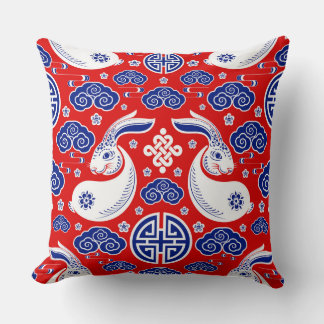 Japanese Art Rabbit Red, Blue Throw Pillows Kudde