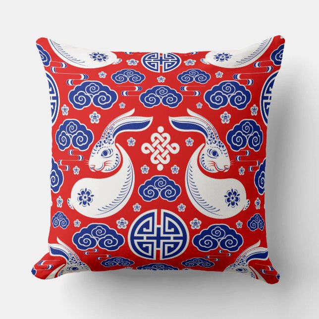 Japanese Art Rabbit Red, Blue Throw Pillows Kudde (Framsida)
