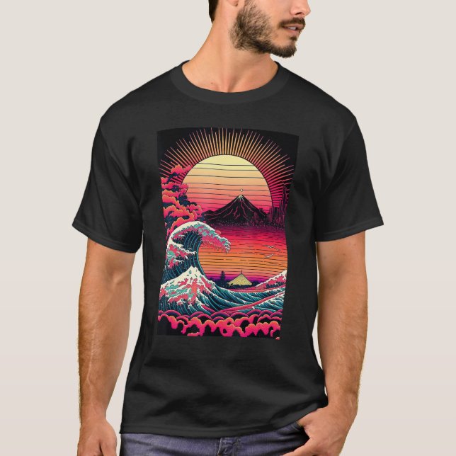 Japanese Art Ukiyo-e Style Retrowave Great Wave Of T Shirt (Framsida)