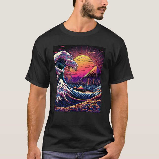 Japanese Art Ukiyo-e Style Retrowave Great Wave Of T Shirt (Framsida)