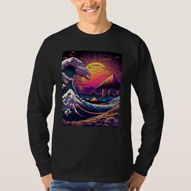 Japanese Art Ukiyo-e Style Retrowave Great Wave Of T Shirt (Framsida)