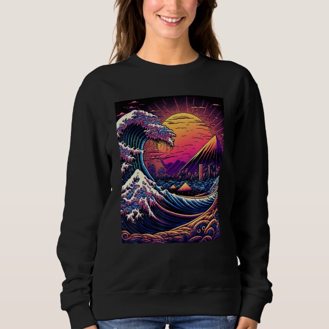Japanese Art Ukiyo-e Style Retrowave Great Wave Of T Shirt (Framsida)