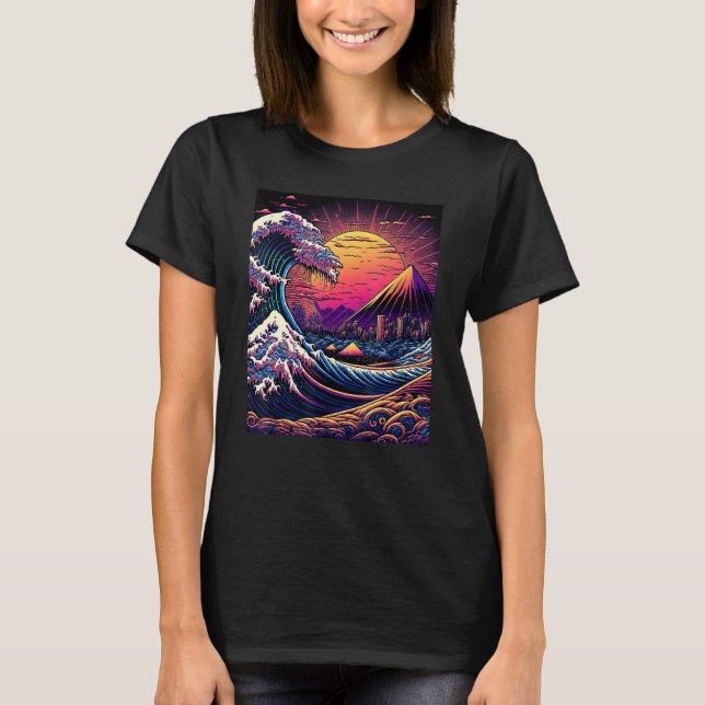 Japanese Art Ukiyo-e Style Retrowave Great Wave Of T Shirt (Framsida)