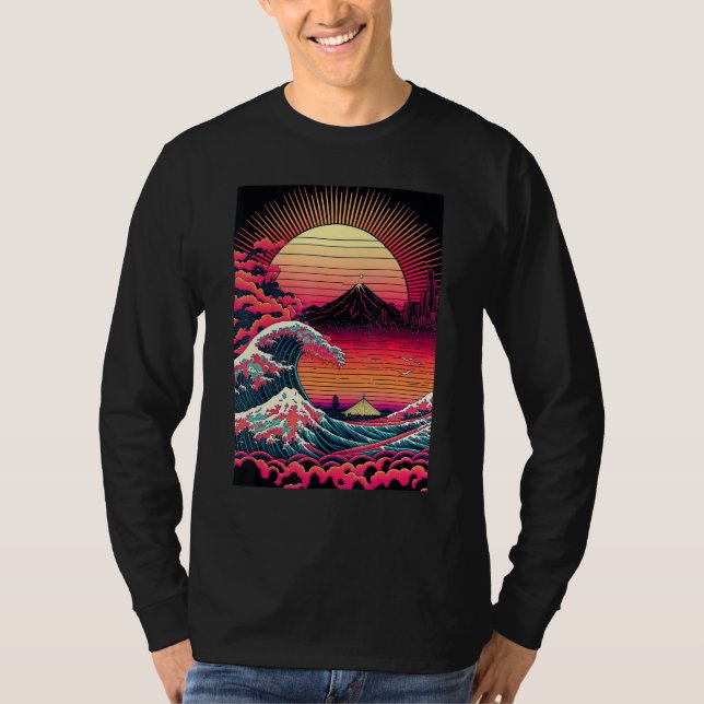 Japanese Art Ukiyo-e Style Retrowave Great Wave Of T Shirt (Framsida)