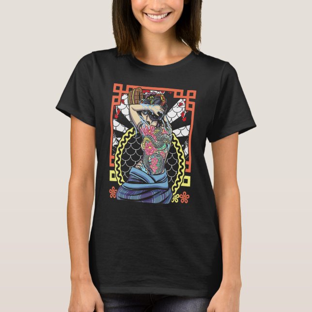 Japanese Artwork Geisha Snake Flower T Shirt (Framsida)