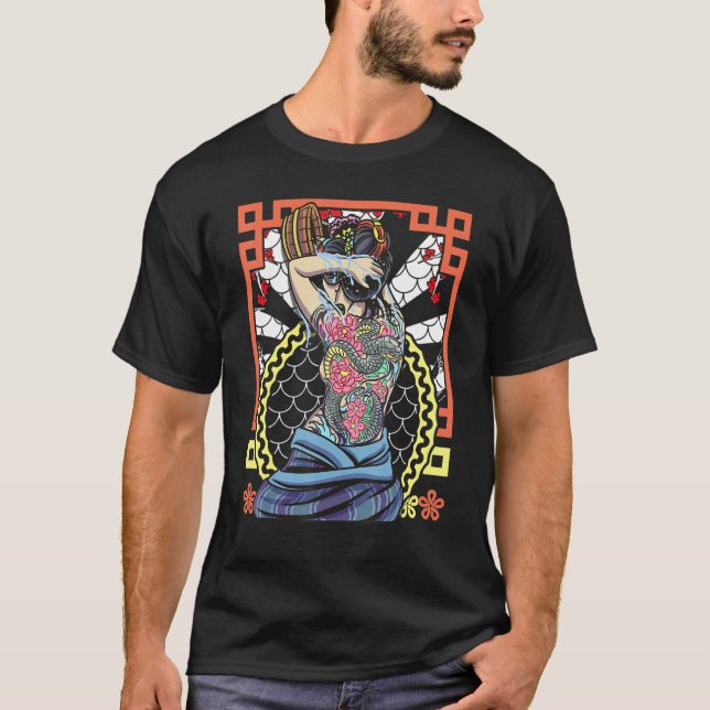 Japanese Artwork Geisha Snake Flower T Shirt (Framsida)