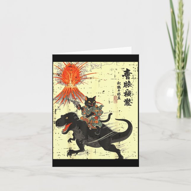 Japanese Black Cat On Trex Funny Ukiyo-e Boys Kids Kort (Framsida)