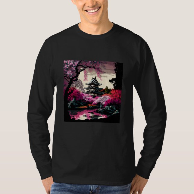Japanese Castle in a forest of cherry blossoms pai T Shirt (Framsida)