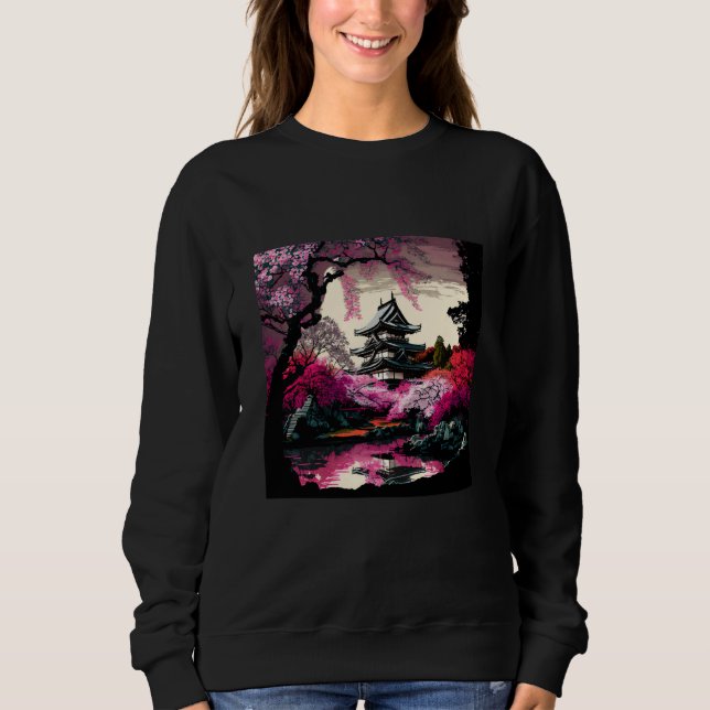 Japanese Castle in a forest of cherry blossoms pai T Shirt (Framsida)