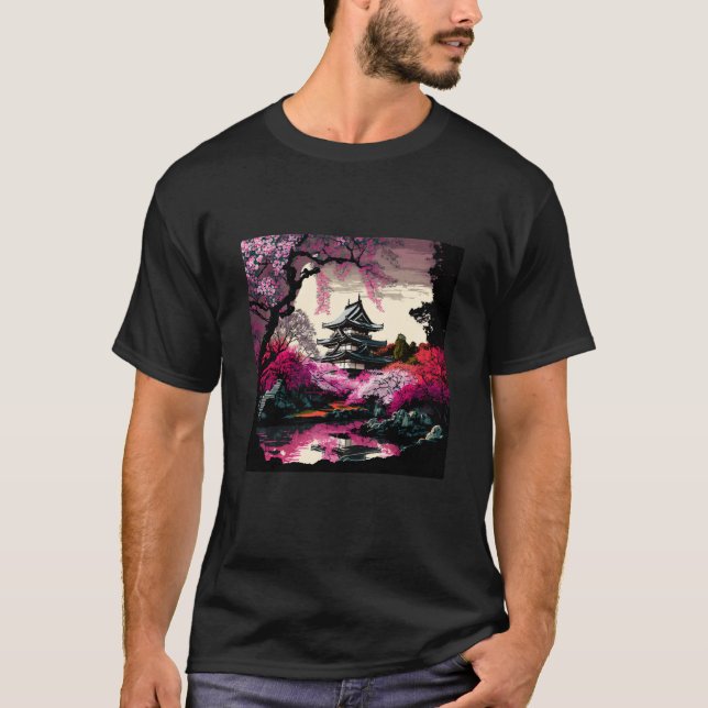 Japanese Castle in a forest of cherry blossoms pai T Shirt (Framsida)