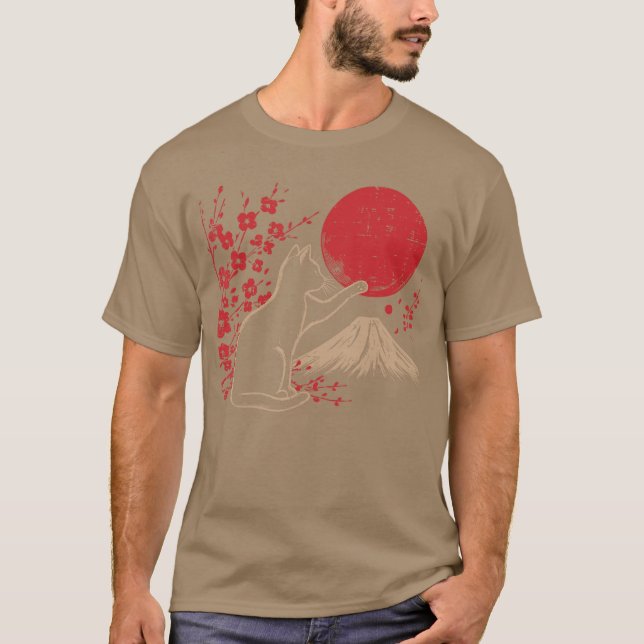 Japanese Cat Cherry Blossom Mountain Sun Art Women T Shirt (Framsida)