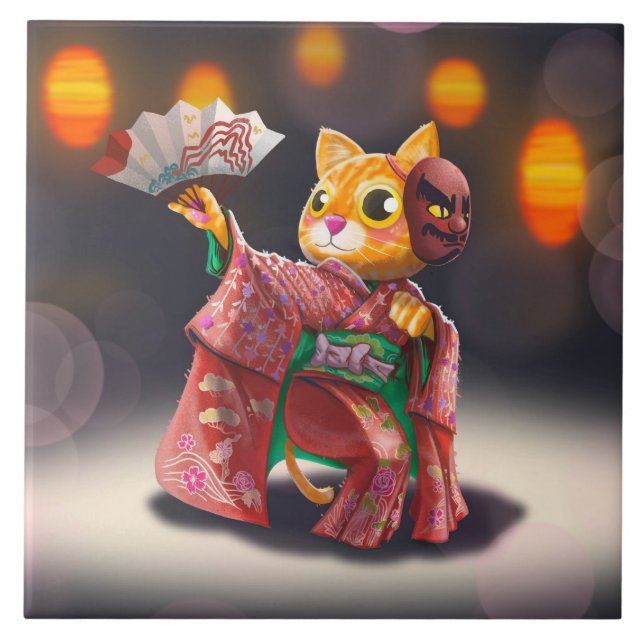 Japanese cat dancer in traditional costume  kakelplatta (Framsidan)