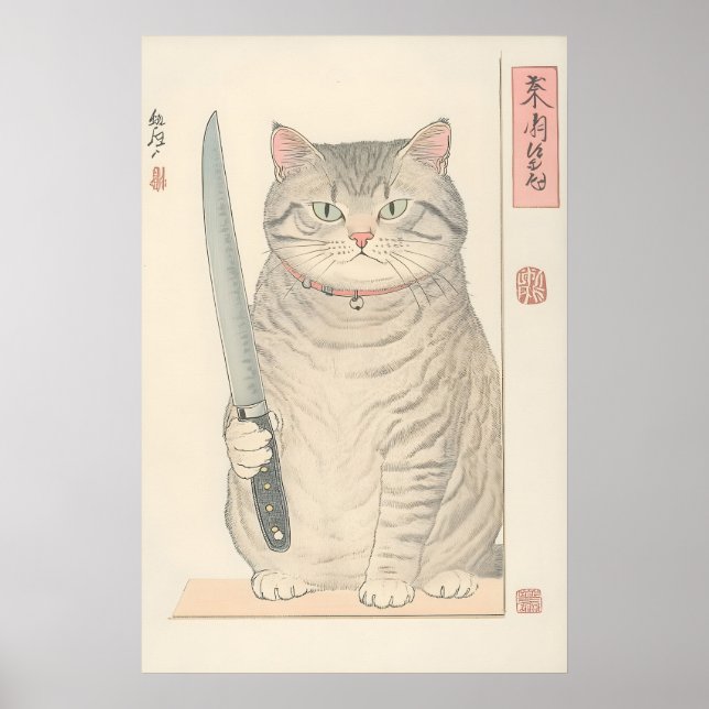Japanese Cat Print Funny Tabby Cat with Knife Poster (Framsidan)