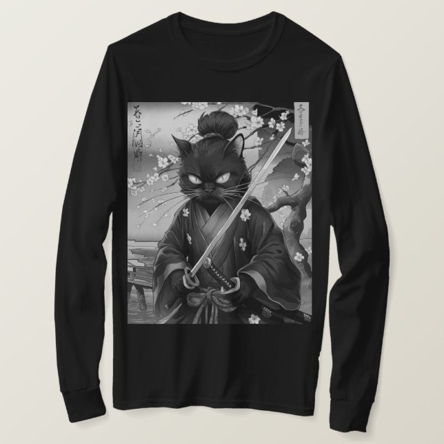 Japanese Cat Samurai Warrior T Shirt (Design framsida)