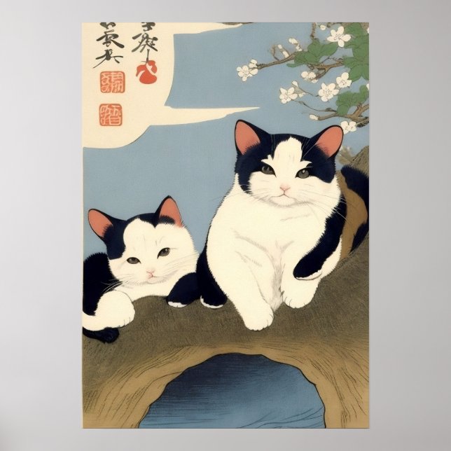 Japanese Cats Blossom Tree Wall Art Poster (Framsidan)