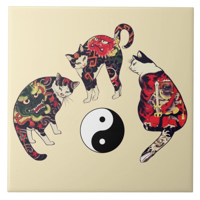 JAPANESE CATS,DRAGON RED DJÄVULEN TATTOOS,YIN YANG KAKELPLATTA (Framsidan)