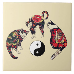 JAPANESE CATS,DRAGON RED DJÄVULEN TATTOOS,YIN YANG KAKELPLATTA