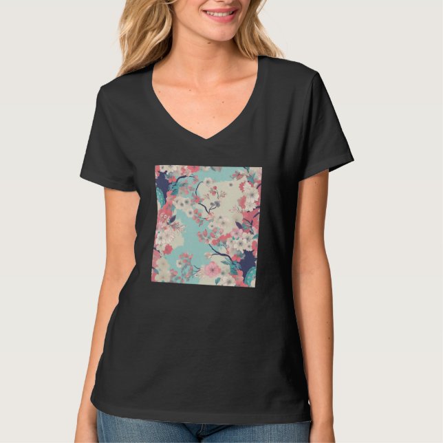 Japanese Cherry Blossom Flower Pink Sakura Floral  T Shirt (Framsida)