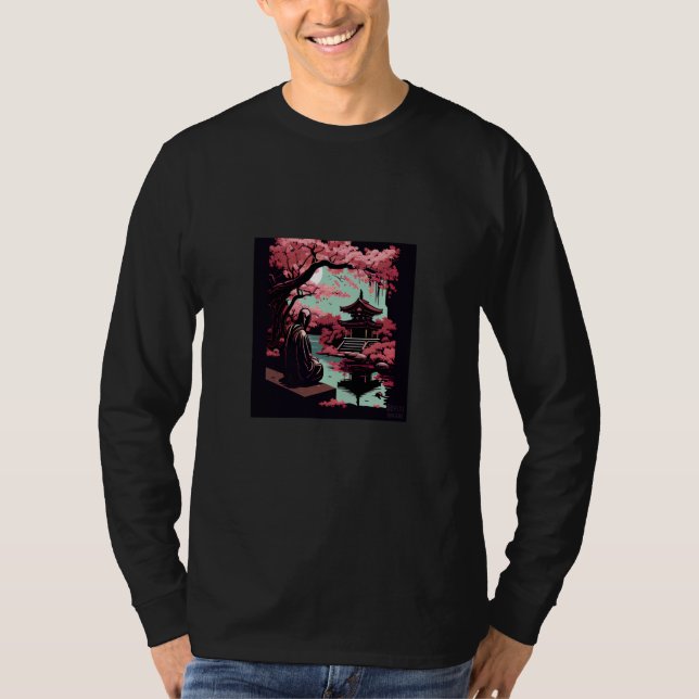 Japanese Cherry blossom garden with monk praying t T Shirt (Framsida)