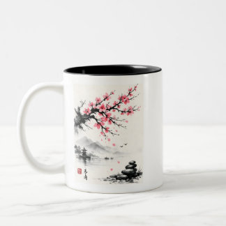 Japanese Cherry Blossom Ink Wash Painting - Zen Två-Tonad Mugg