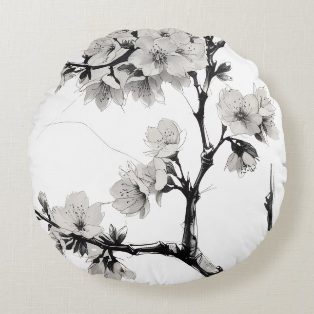 Japanese Cherry Blossom Sakura Rund Kudde (Framsidan)