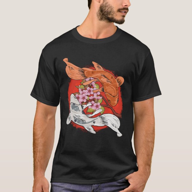 Japanese Cherry Blossom Tree Koi Fish Yin Yang Men T Shirt (Framsida)