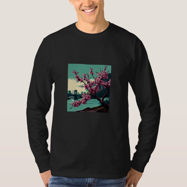 Japanese Cherry Blossom tree river suspension brid T Shirt (Framsida)