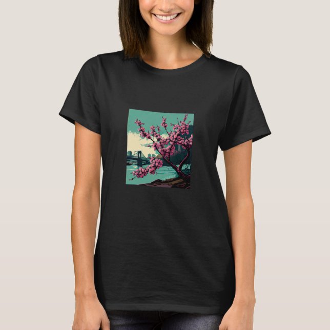 Japanese Cherry Blossom tree river suspension brid T Shirt (Framsida)