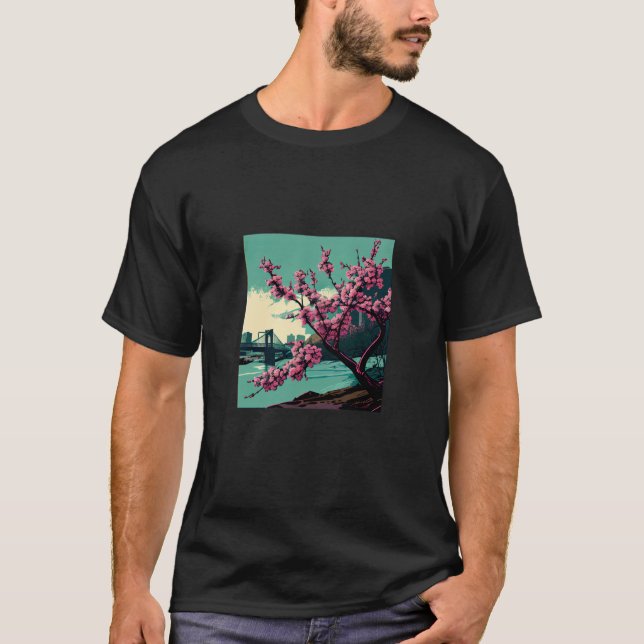 Japanese Cherry Blossom tree river suspension brid T Shirt (Framsida)