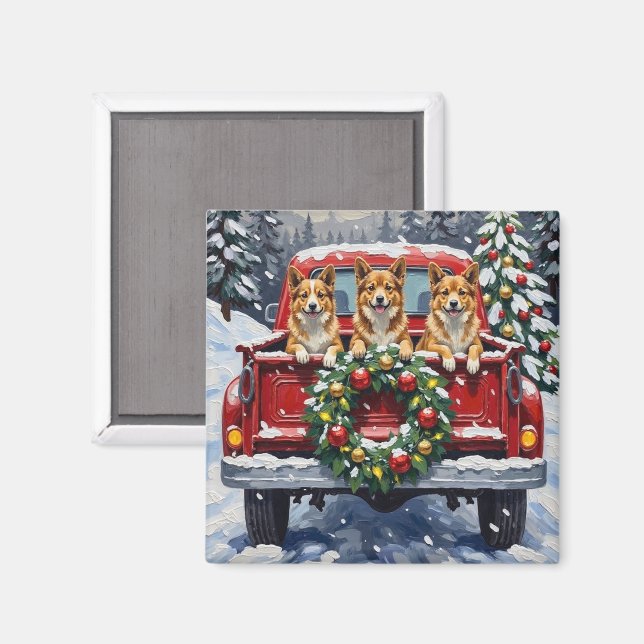 Japanese Chin Christmas Red Truck Holiday Magnet (Front/Back)