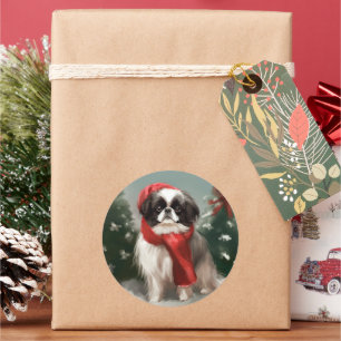 Japanese Chin Hund i Snö Jul Runt Klistermärke