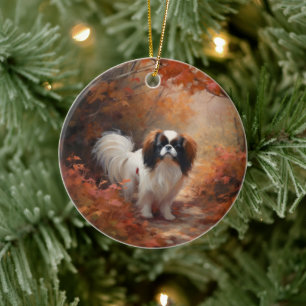 Japanese Chin i höstlöv Fall Inspirerar Julgransprydnad Keramik