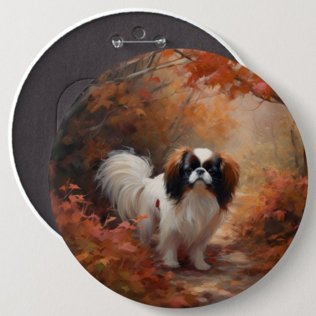 Japanese Chin i höstlöv Fall Inspirerar Knapp (Framsida & baksida)