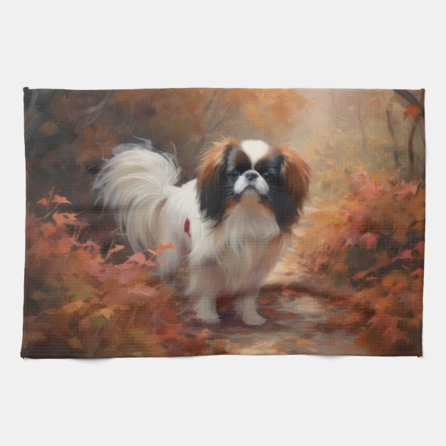 Japanese Chin i höstlöv Fall Inspirerar Kökshandduk (Horisontell)