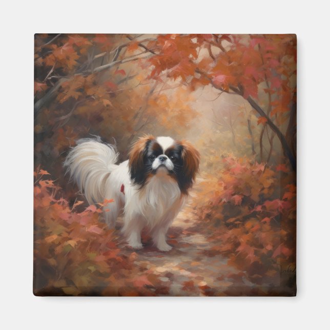 Japanese Chin i höstlöv Fall Inspirerar Magnet (Framsidan)