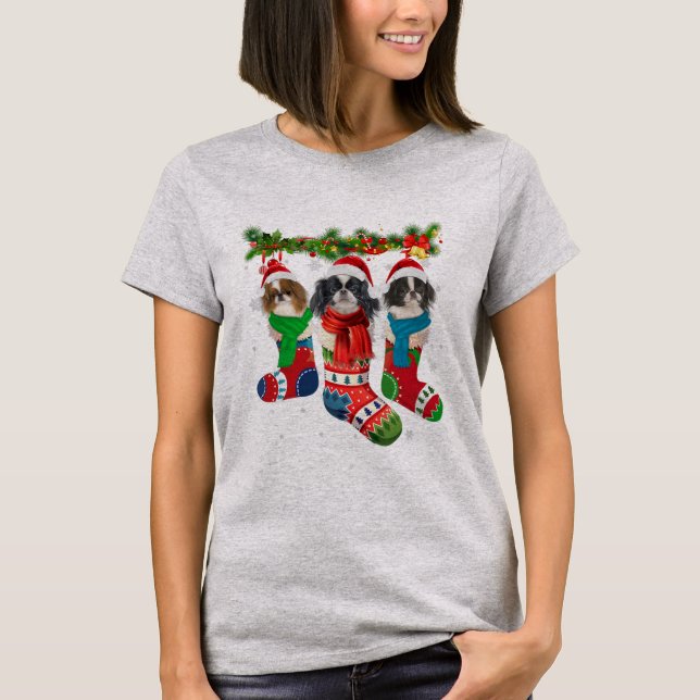 Japanese Chin In Christmas Socks  T Shirt (Framsida)