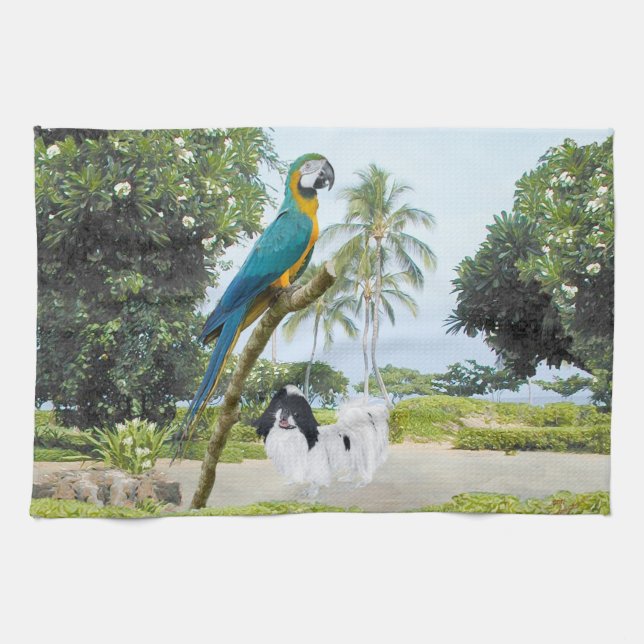 Japanese Chin och Macaw Kökshandduk (Horisontell)