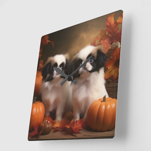 Japanese Chin Valp Höstglädje Pumpa  Fyrkantig Klocka (Vinkel)