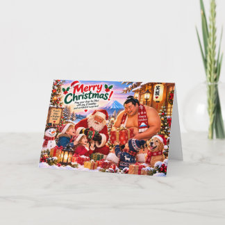 Japanese Christmas Card with Sumo, Santa and Kids Kort