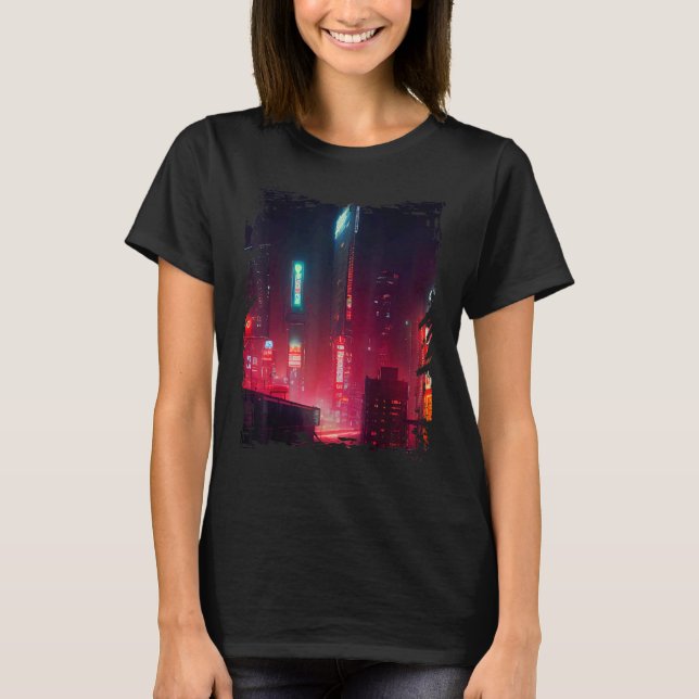 Japanese City Vaporwave Tokyo Night Cityscape T Shirt (Framsida)