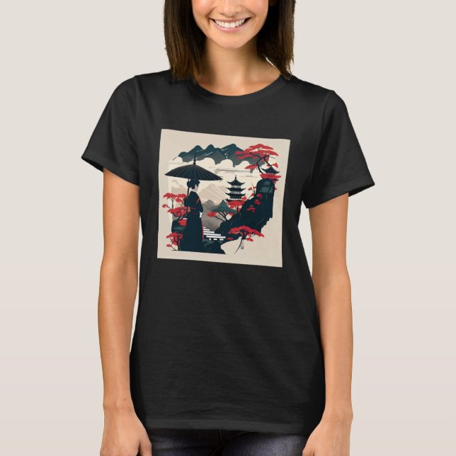 Japanese classic lady with umbrella looking at cas t shirt (Framsida)