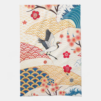 Japanese Crane and Cherry Blossom Waves Kökshandduk