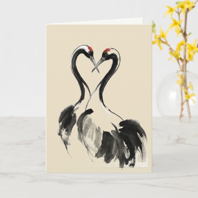 Japanese Crane Ink Wash Fine Art Card Kort (Gul blomma)