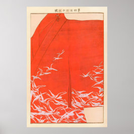 Japanese Crane Kimono Art Print Vermilion Red Wall Poster