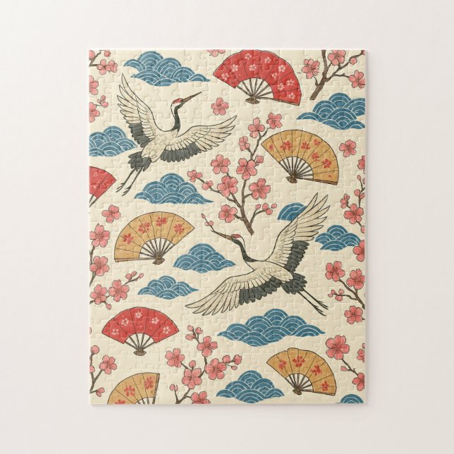 Japanese Crane Sakura Pattern Jigsaw Puzzle  Pussel (Vertikal)
