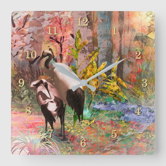 JAPANESE CRANES"Stigning Sol" Fyrkantig Klocka (Framsida)